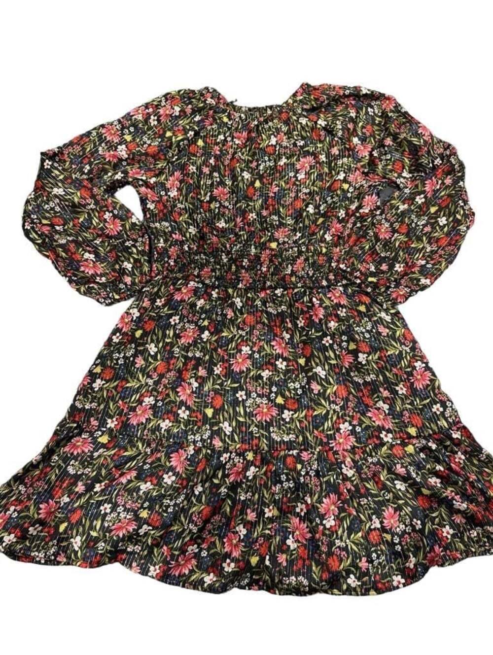 Boho OLD NAVY Black Floral Metallic Lurex Smocked Tiered Long Sleeve Dress